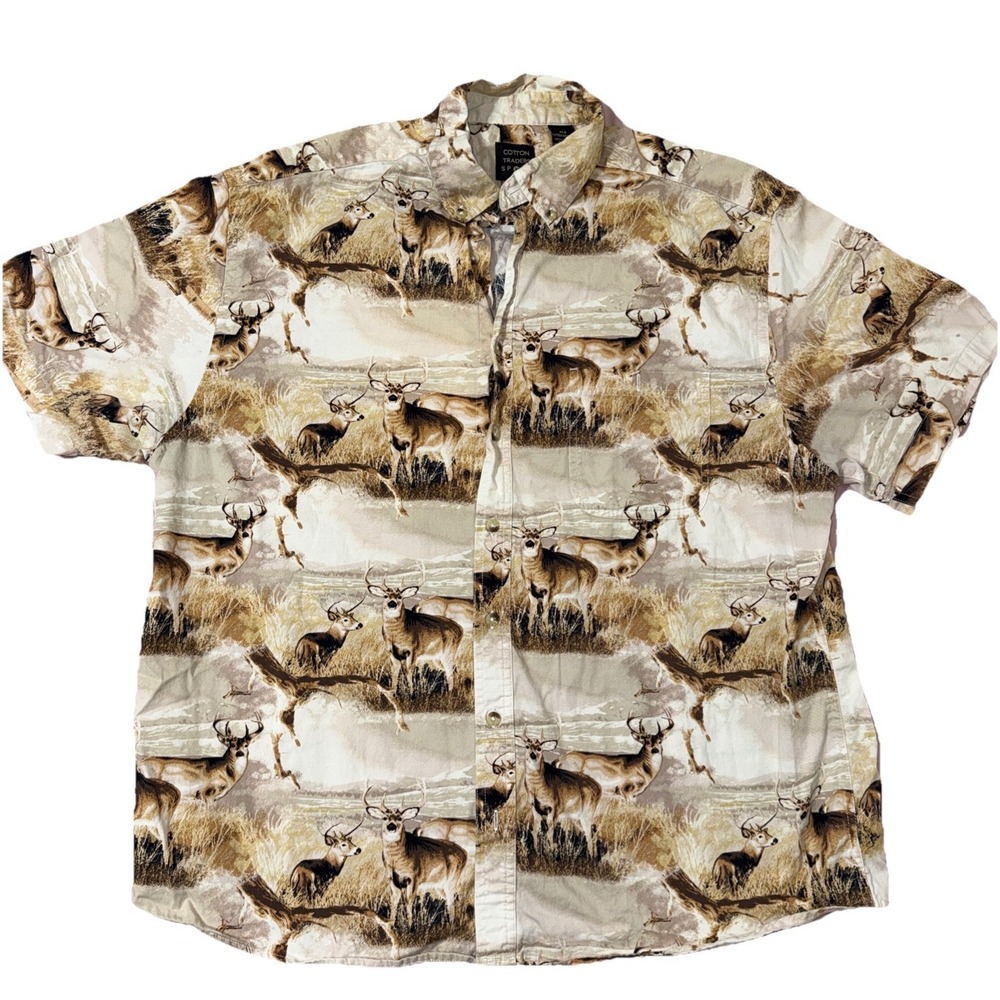 Y2K Cotton Traders Sport Deer Print Button Up Shirt Mens XLG Hunting Outdoors